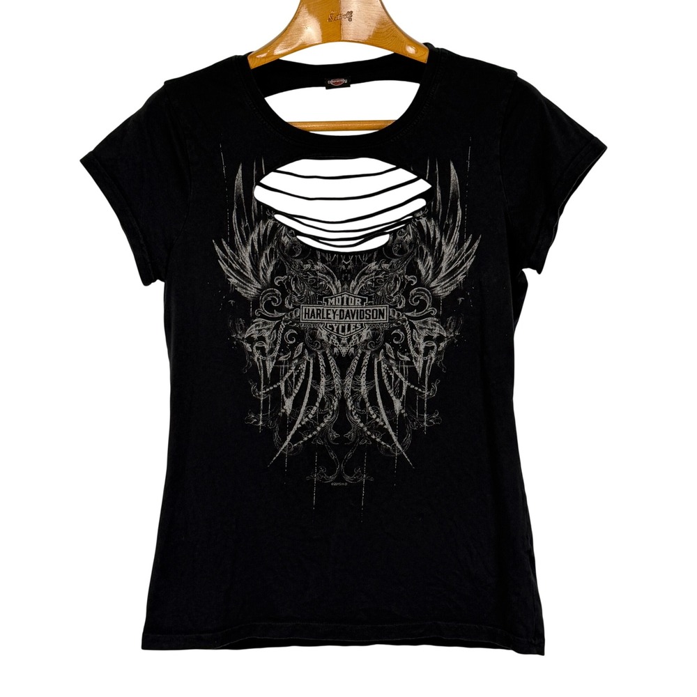 Harley-Davidson T-Shirt Cut Out Graphic Large Black Cotton Topeka Kansas